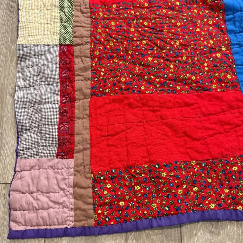 Vintage 70s Crazy Quilt Patchwork hand stitched multicolored 79
